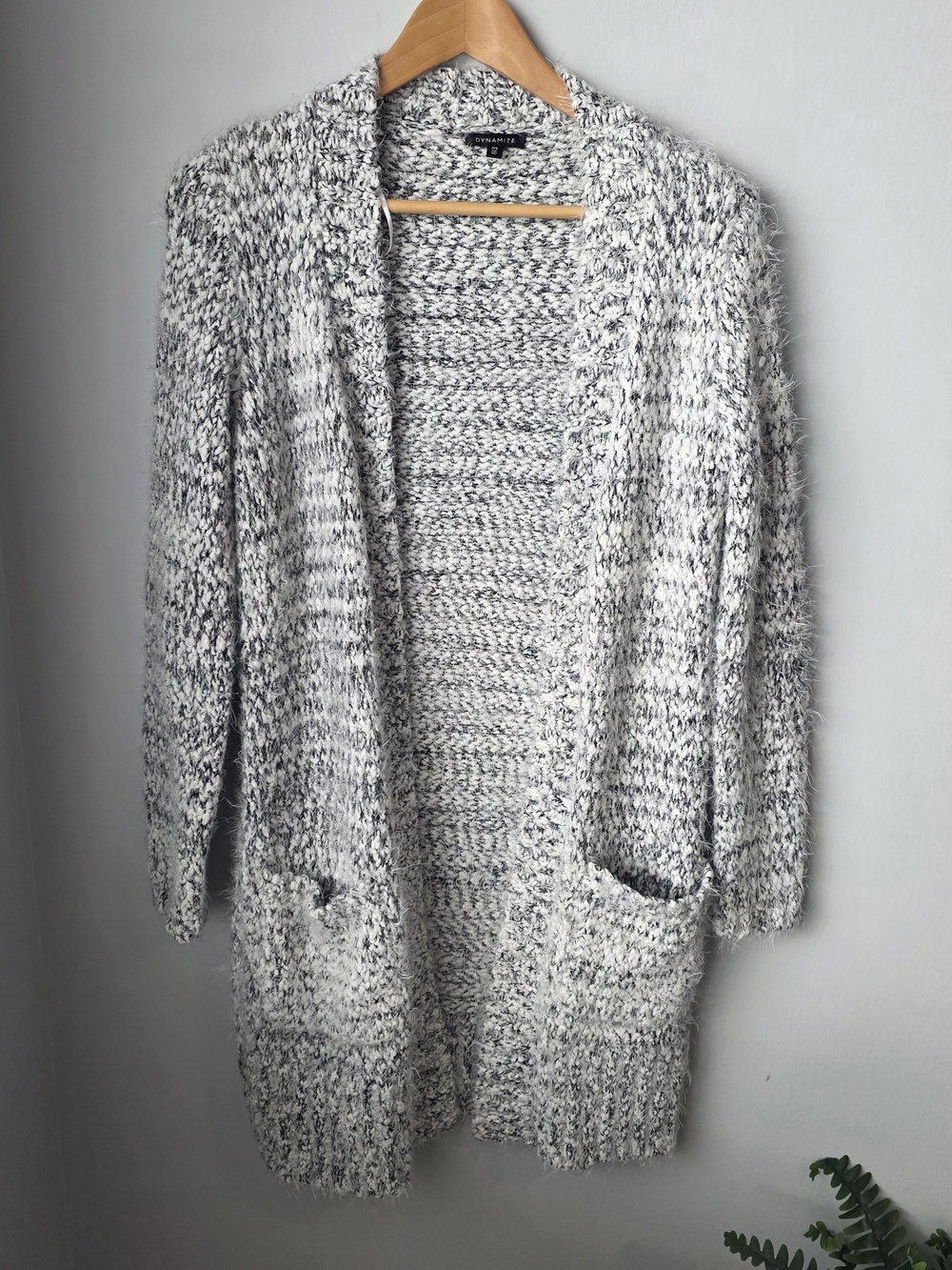 Dynamite Women’s P/S Long Fuzzy Open Front Cardigan Black White Marled Knit